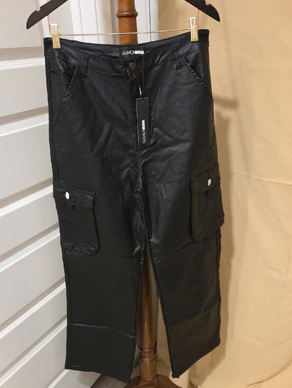 Fashion Nova Women's Black Faux Leather Cargo Pants